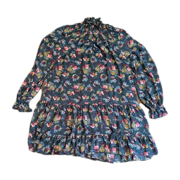 Cinq A Sept Stephanie Black Floral Mock Neck Ruffle Tiered Mini Dress Sz 10 - Picture 1 of 10
